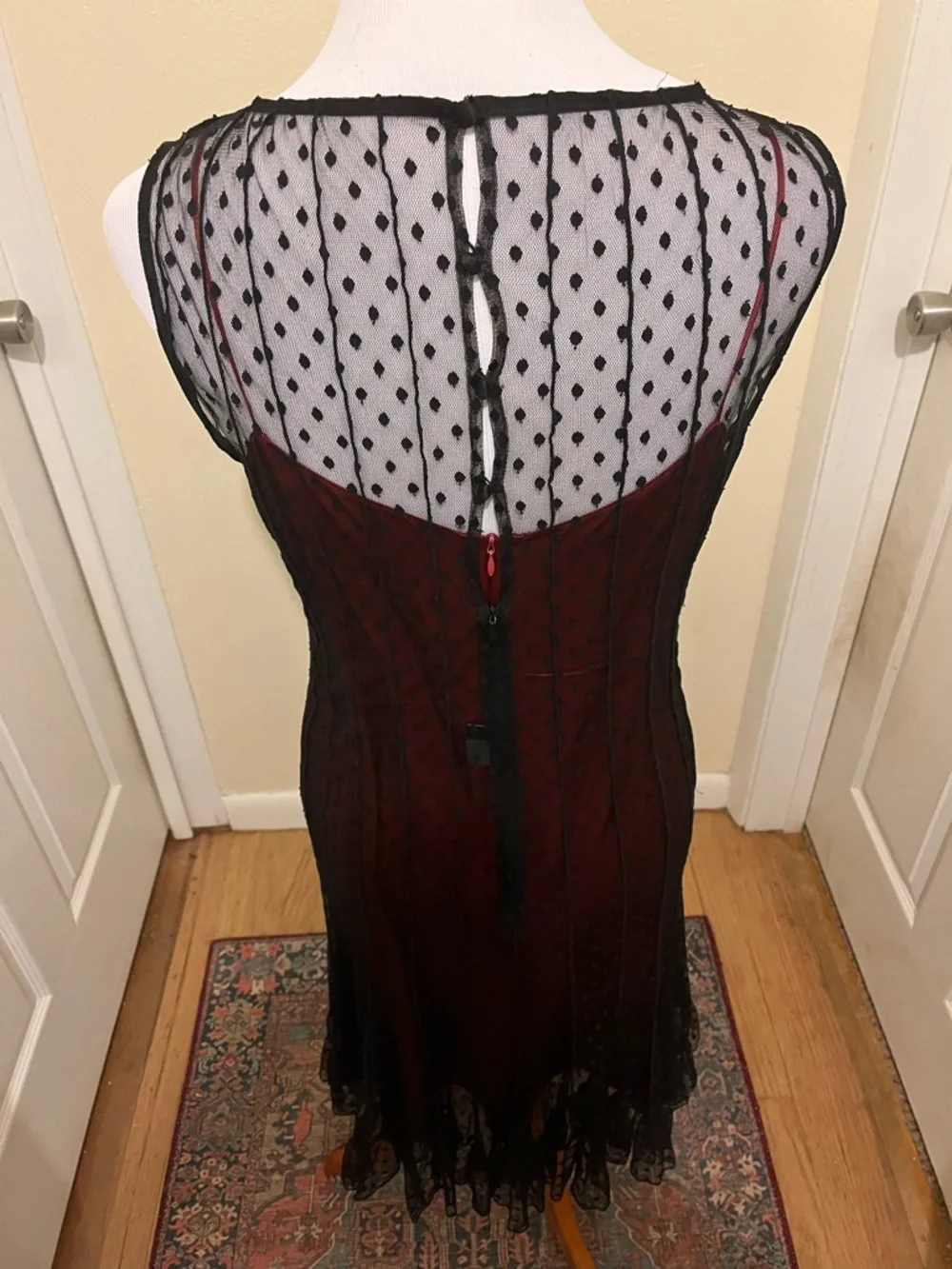 Teri Jon Scarlet Silk Slip Dress with Black Mesh Overlay - Picture 4 of 12